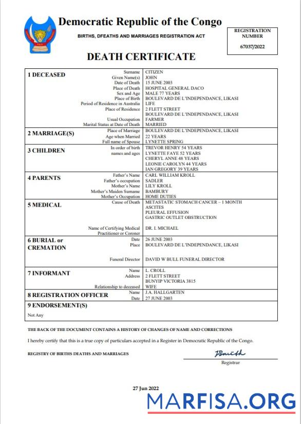 Blank Democratic Republic of the Congo vital record death certificate Word and PDF template
